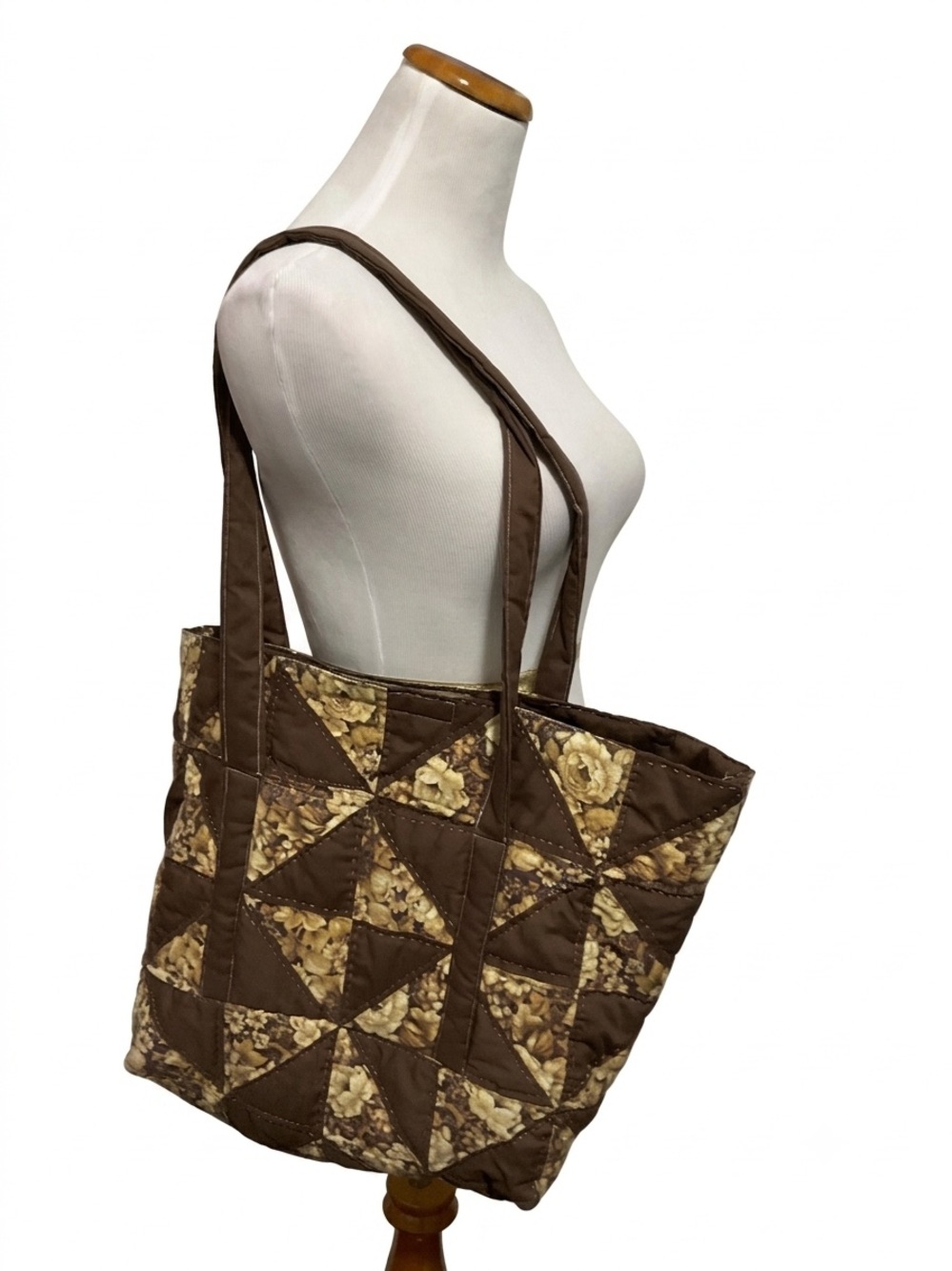 Brown Quilted Patchwork Tote Bag with Floral Panels